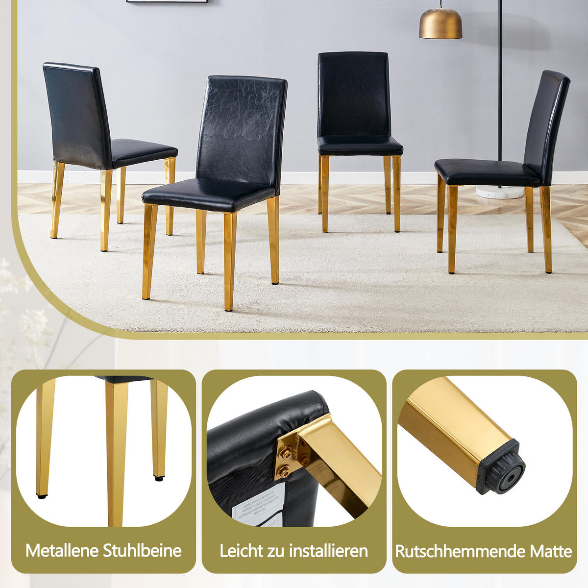 STUHL-SET DE-36598 2 Stück mit PU-Bezug und Metallbeinen Schwarz - Goldfarben, Metall (47/90/41cm) - ComfortXL