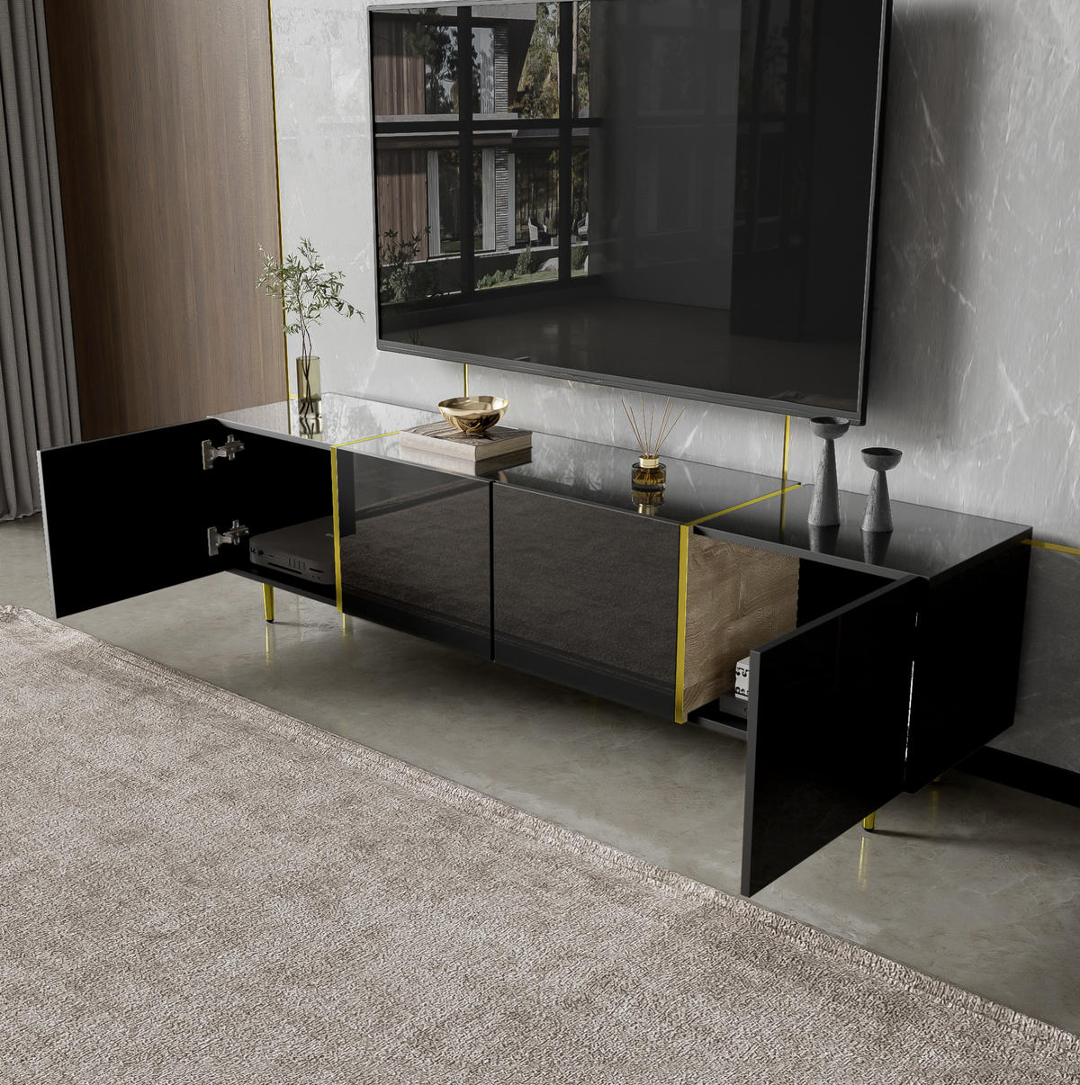 TV stolek 170/35/46 cm s vysokým leskem, 4 dvířky, měkkým dovíráním a úložným prostorem, Černá - černá, kompozitní dřevo (170/46/35cm) - Redom
