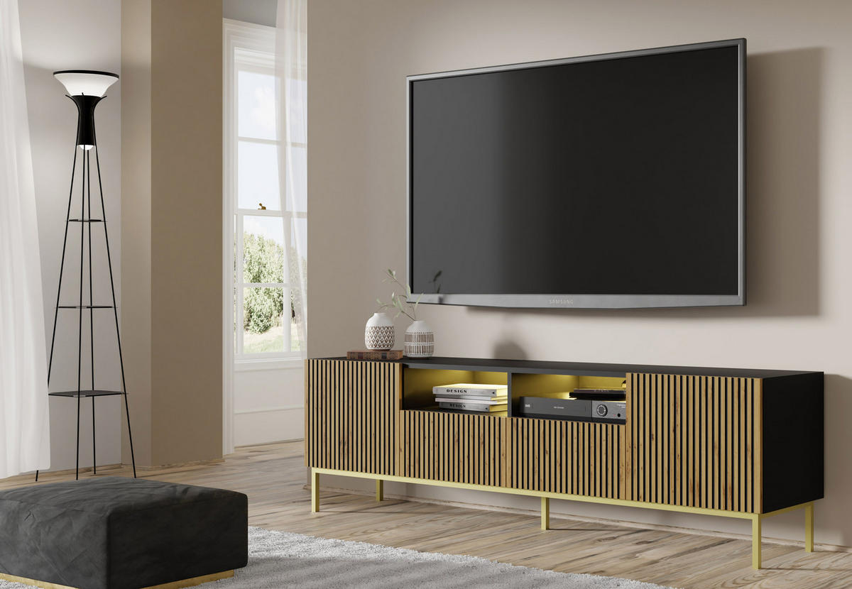TV LOWBOARD Schwarz, Artisan-Schwarz, Gold 200/58/42 - Goldfarben/Schwarz, Holzwerkstoff (200/58/42cm) - RAUMHIRSCH FURNITURE