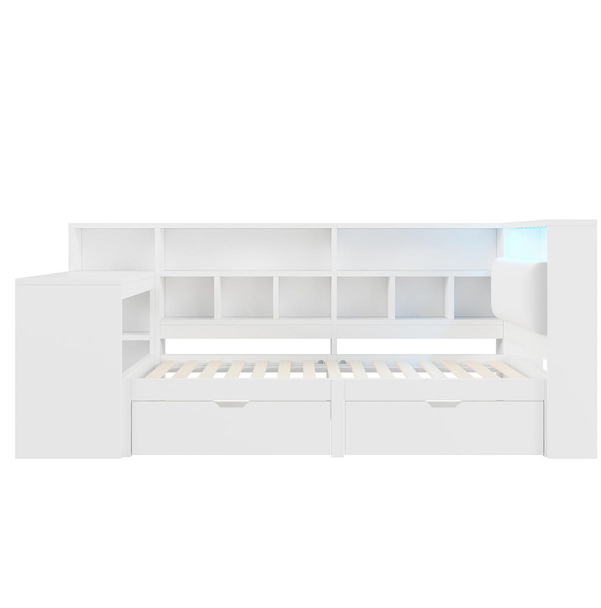 BETT 90/200 cm in Weiß mit Schreibtisch, Regal und LED-Beleuchtung - Weiß, Holzwerkstoff (90/200cm) - Flora Grace
