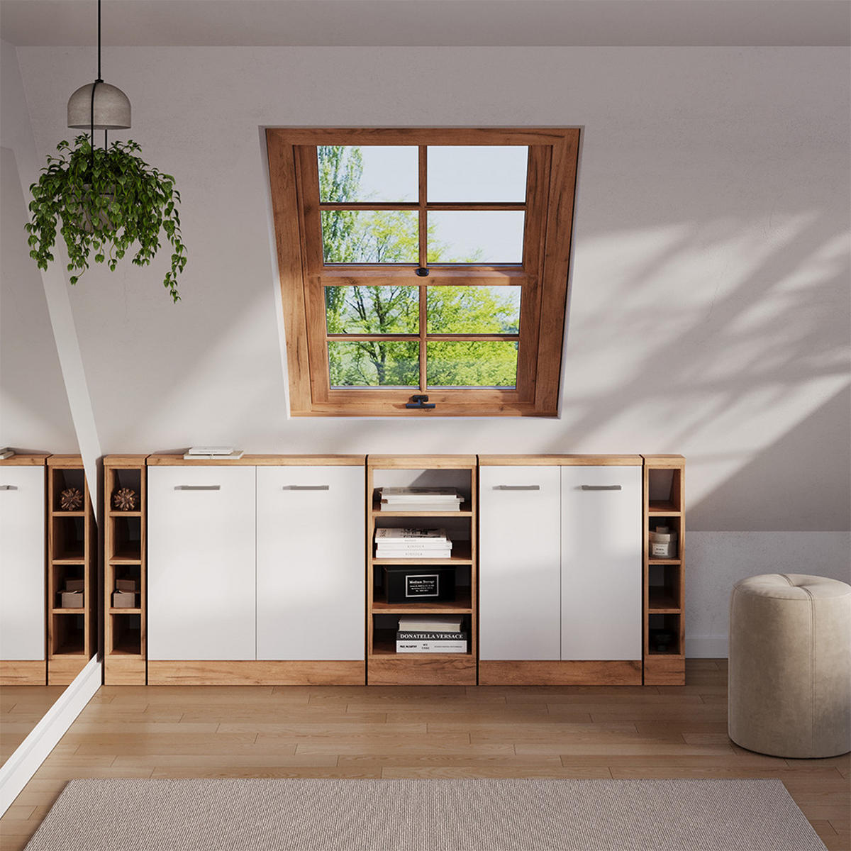 DACHSCHRÄGENSCHRANK-SET Rion Weiß Hochglanz/Goldkraft Eiche 5er Set - Honigeiche/Weiß Hochglanz, Holzwerkstoff (210/81.6/46cm) - Vicco