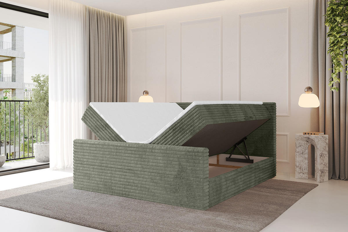 BOXBETT mit Matratze H4 und Lattenrost - TOLO-Z-v1 - 200x200 Cord - Olive - Olivgrün, Holzwerkstoff (200/200cm)