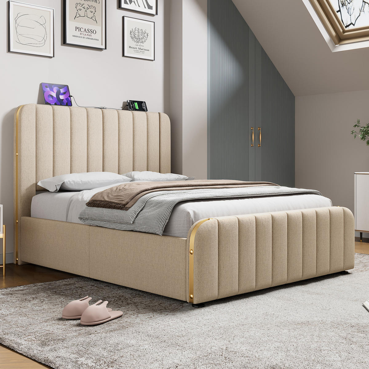 POLSTERBETT 140/200 cm mit Bettkasten, USB-C und gepolstertem Kopfteil in Beige - Beige, Textil (140/200cm) - BEAOK