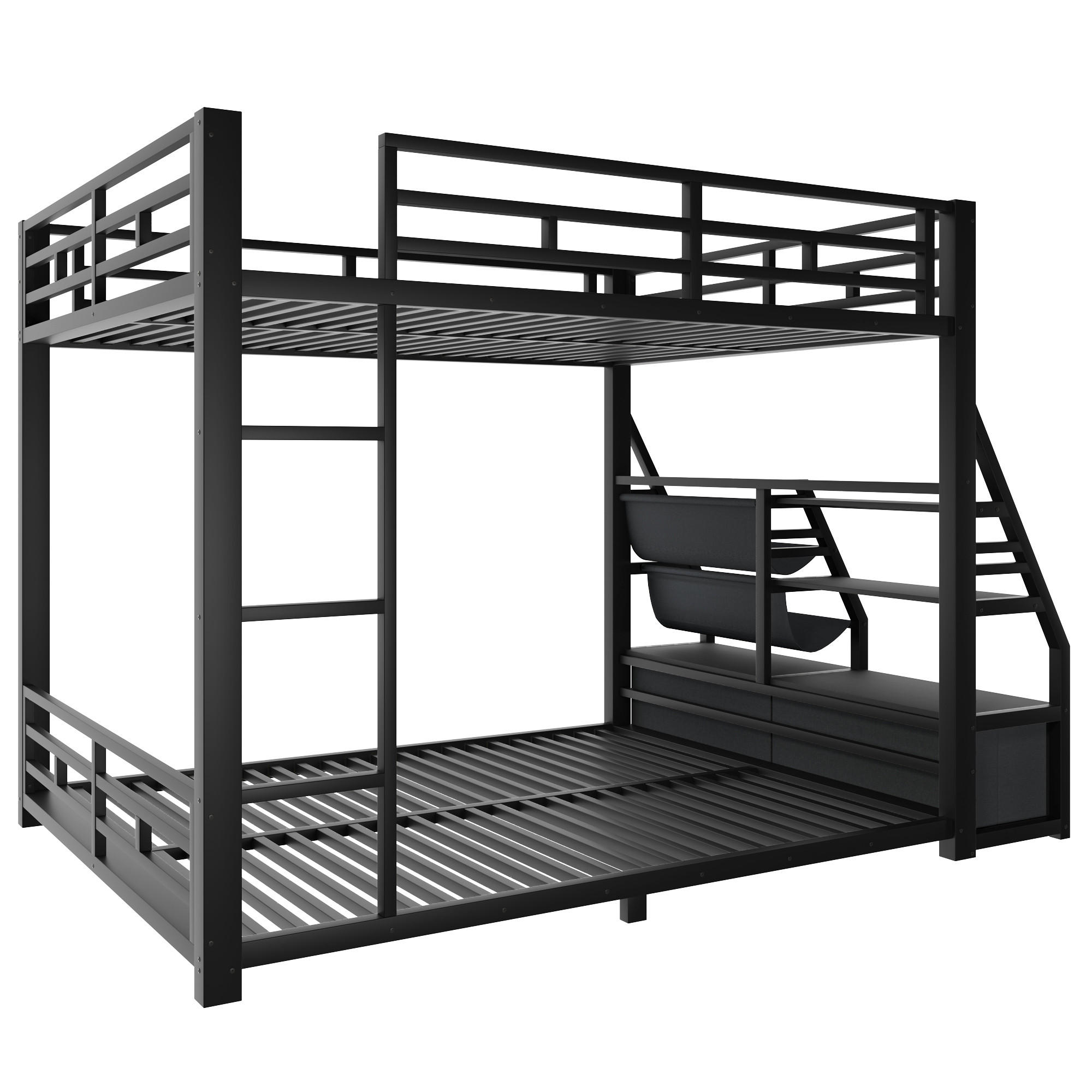 ETAGENBETT 140/200 cm in Schwarz mit LED, Ablagen und 2 Stoffschubladen - Schwarz, Holzwerkstoff/Metall (140/200cm) - WISHDOR