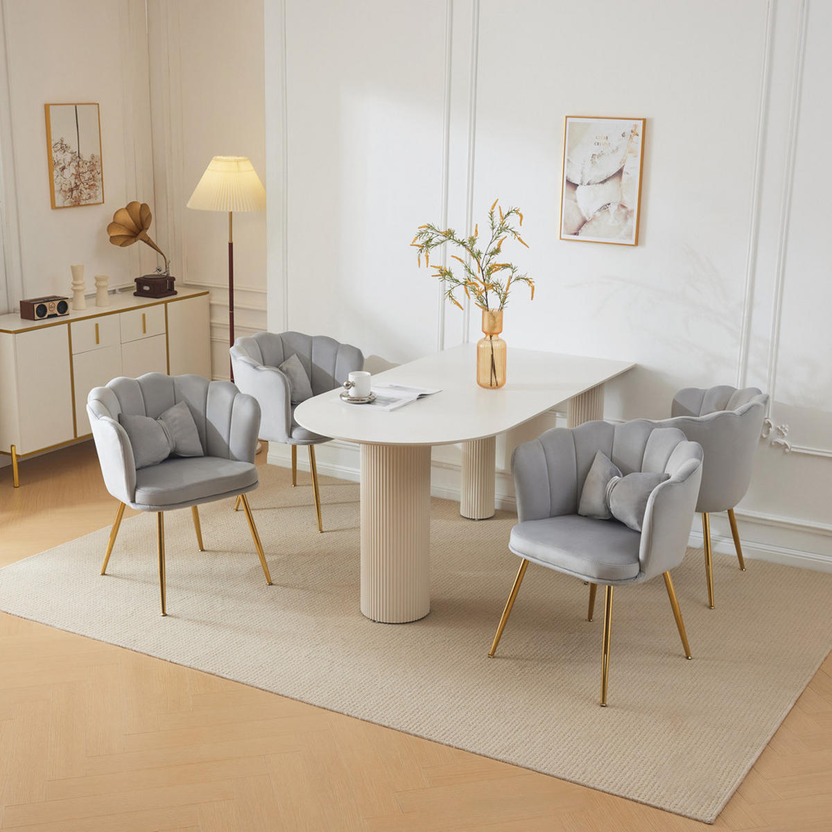 STUHL SET 4-TEILIG Samt Polster Blütenblatt-Rücken Goldfüße & Kissen Grau - Grau, Holz (62/43/54cm) - FLIEKS