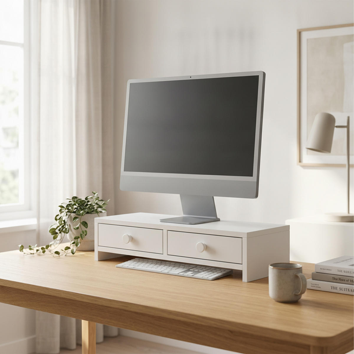 MONITORSTÄNDER Weiß MDF 2 Schubladen 47x18x12,5 cm - Weiß, Holzwerkstoff (18/47/12.5cm) - Relaxdays