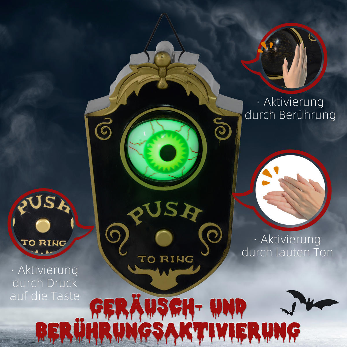 HALLOWEEN DECORATIONS Türklingel Dekoration mit LED-Lichter, Soundfunktion, 18cm - Schwarz, Kunststoff (11/18/5cm) - HOMCOM