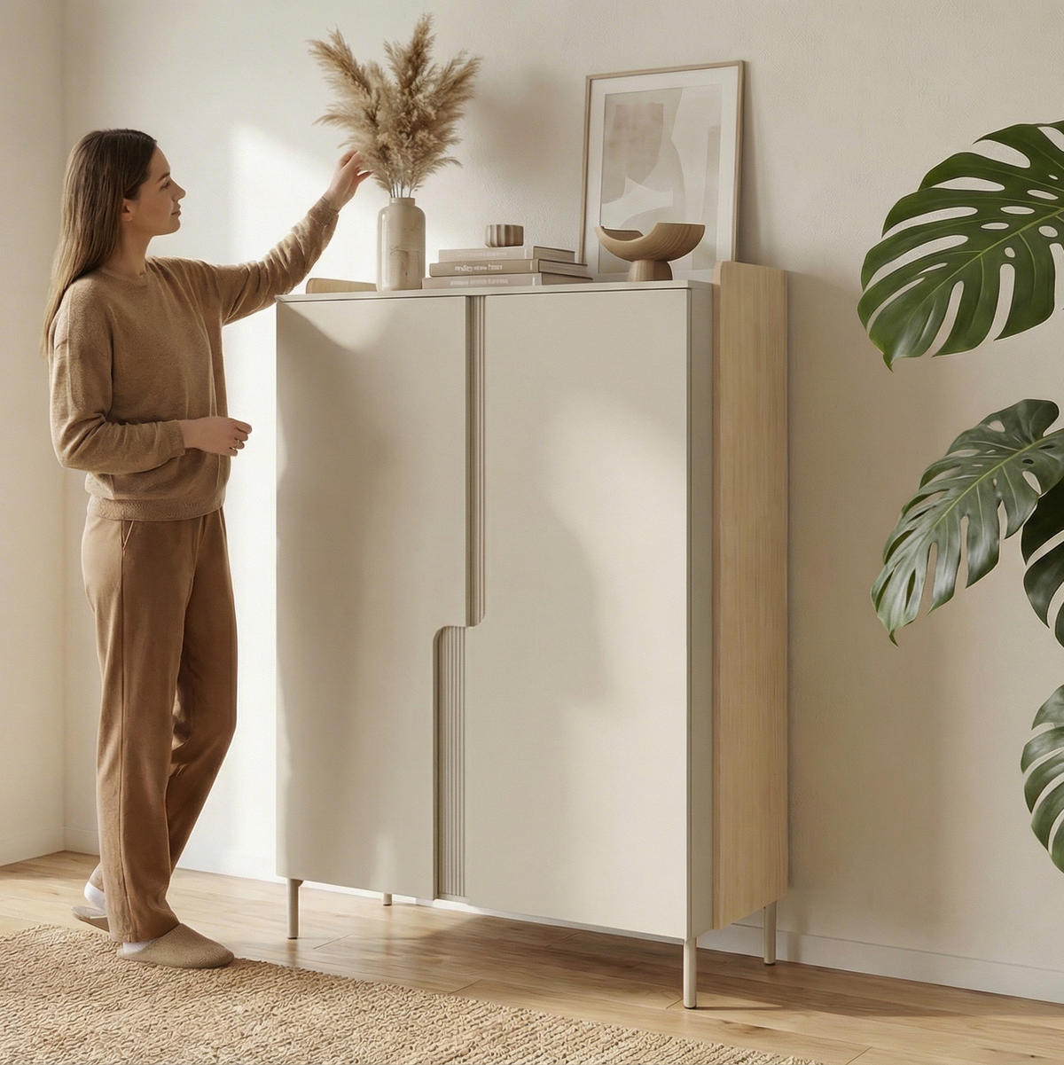 KOMMODE Positivo mit 2 Türen und 6 Einlegeböden, 103 cm, Mavelie-Eiche + Macadamia - Eichefarben, Holzwerkstoff (103/160/42cm) - Beautysofa