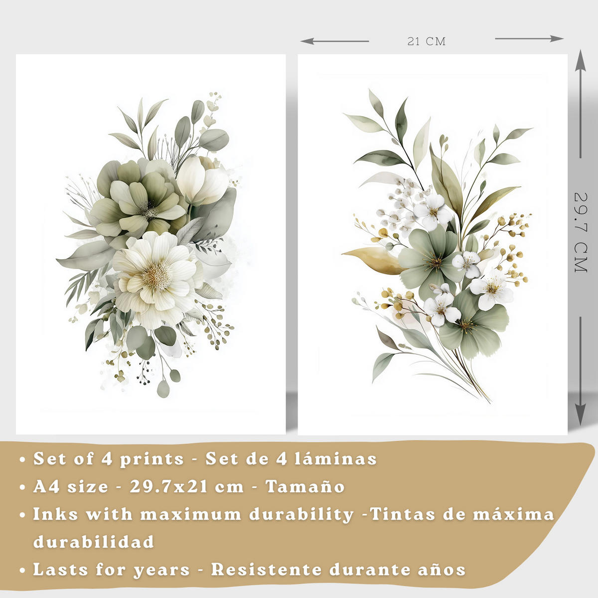 PLAKAT Sada 4 botanických uměleckých tisků. Akvarelové květinové nástěnné umění. Velikost Bílý rám A4 - bílá, papír (21/29.7/3cm) - Nacnic