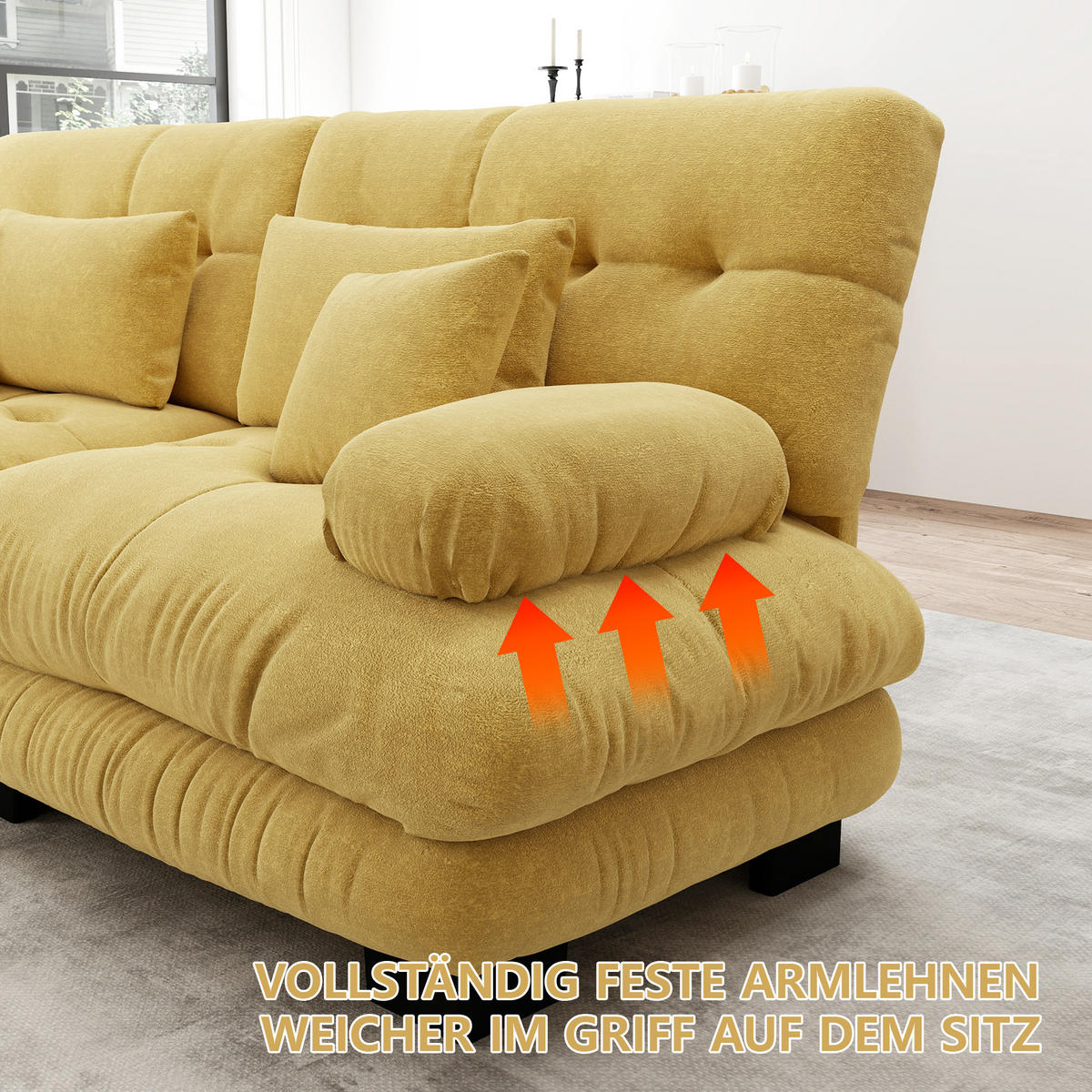 2-SITZER SOFA Chenille Gelb mit Lendenkissen und Dekokissen - Gelb, Textil (220/81/77cm) - WISHDOR