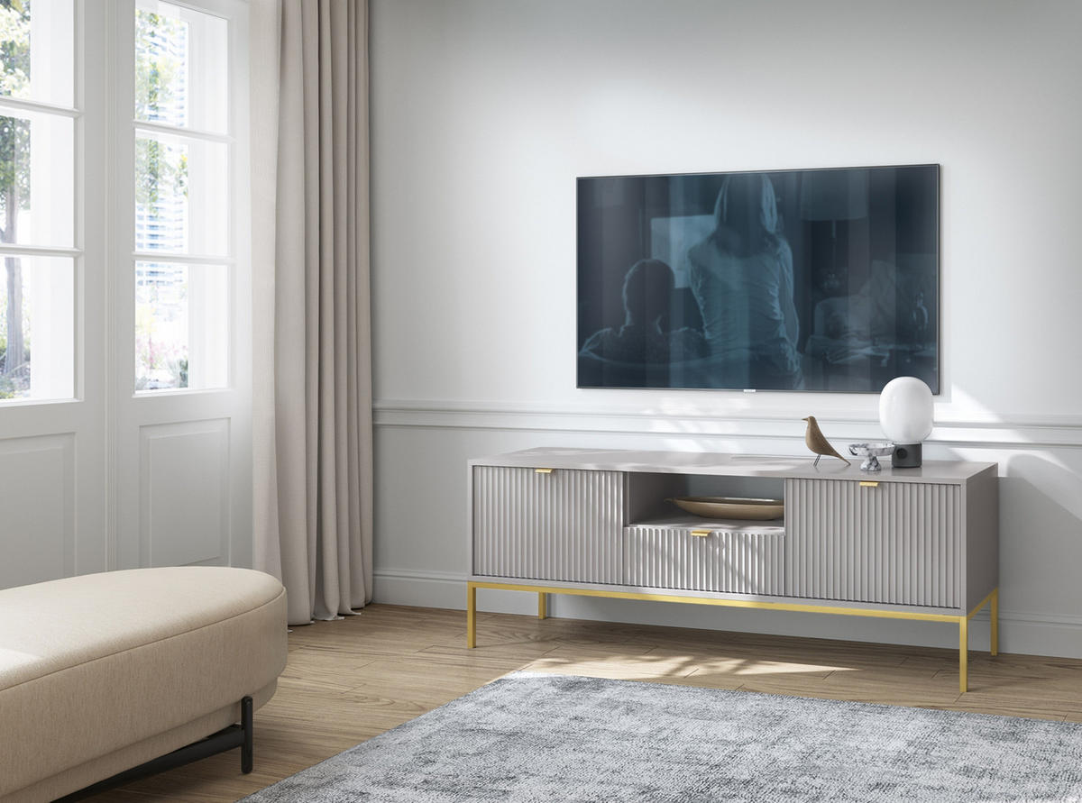 LOWBOARD Eternas 2T 1S Grau 154/56/39 cm – goldene Füße, mit geriffelten Fronten und offener Ablage - Goldfarben/Grau, Holzwerkstoff (154/56/39cm) - AX Living