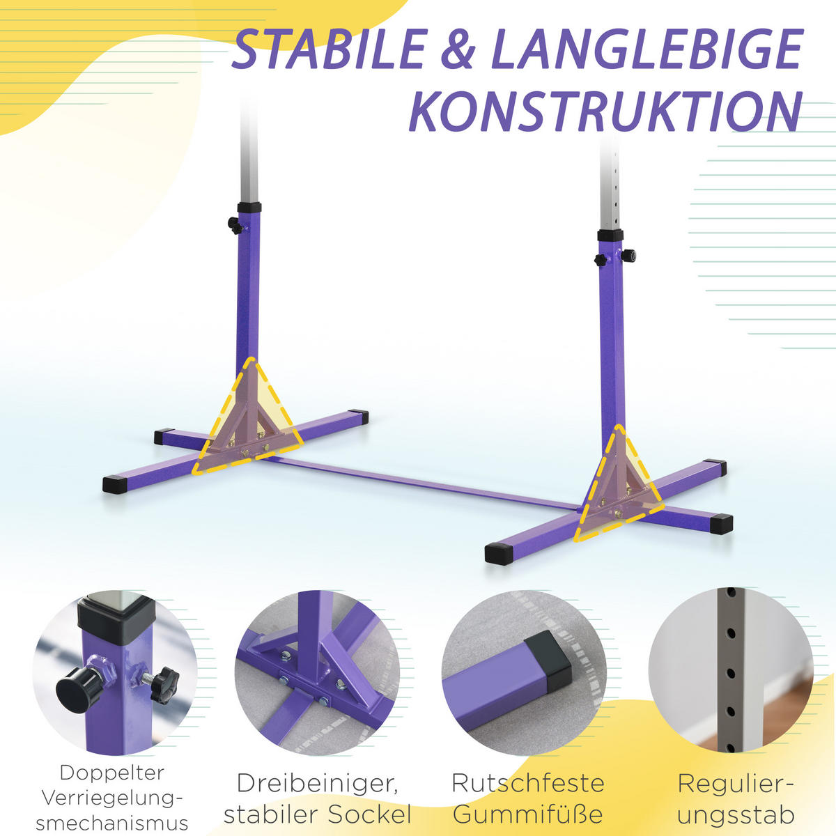 GYMNASTIK-TURNRECK, Reckstange, 13-stufig verstellbar, bis 75 kg belastbar, Lila - Violett, Metall (121/194cm) - HOMCOM