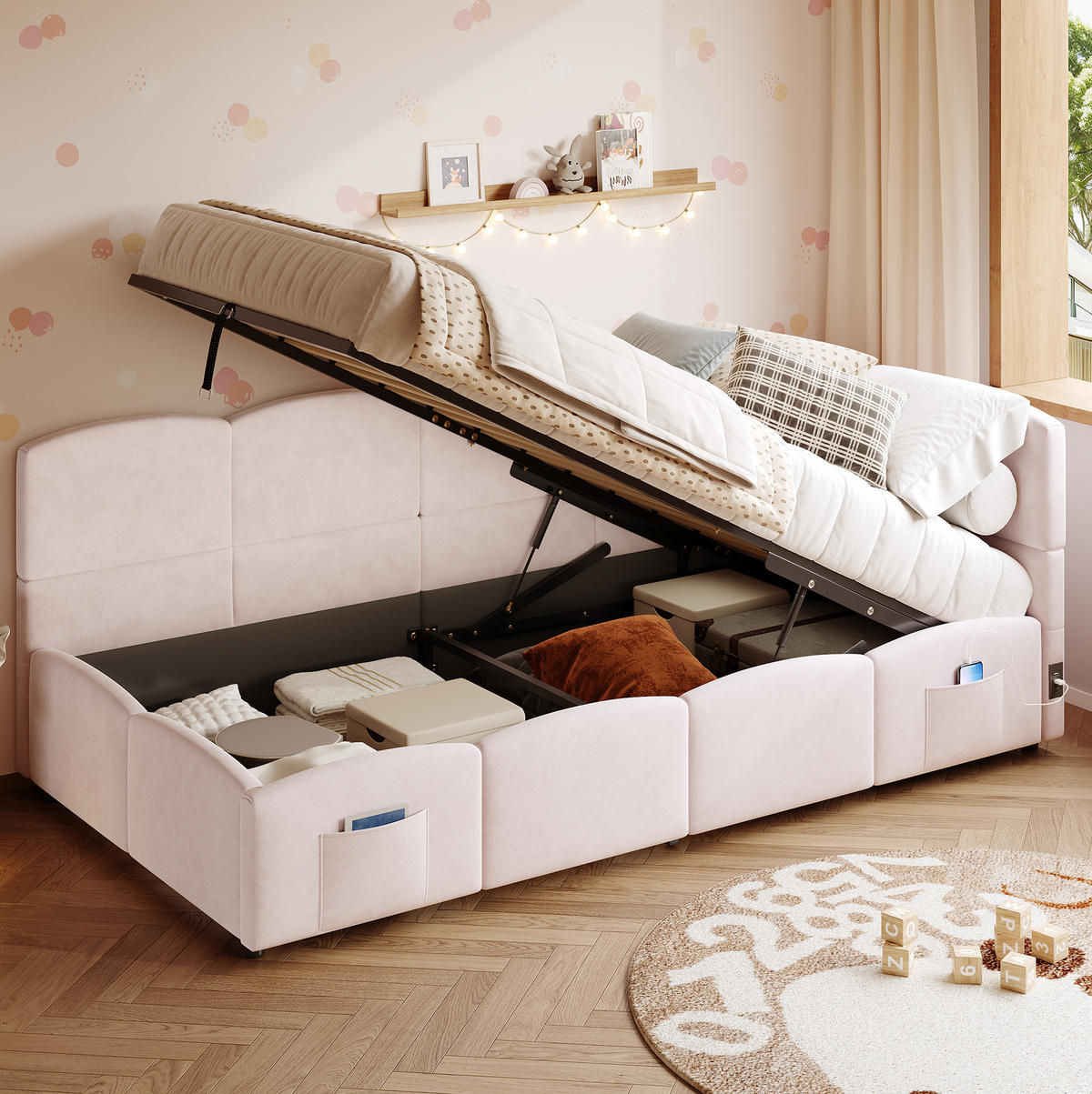 POLSTERBETT 90/200 cm rosa aus Samt mit Bettkasten - Rosa, Textil - OKMYHOME