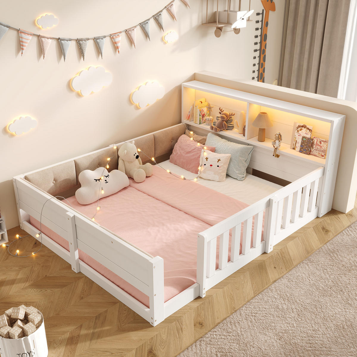 FLACHBETT 140x200cm Gitter Kinderbett LED Weiß - Weiß, Holzwerkstoff (140/200cm) - FLIEKS