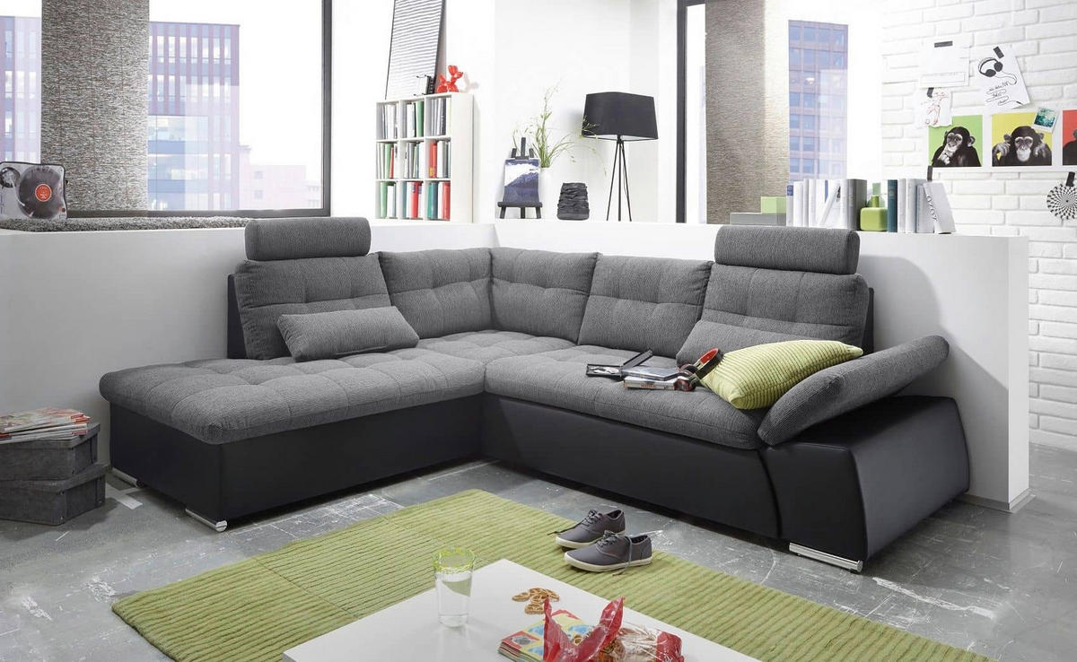 ECKSOFA mit Schlaffunktion, Armlehnfunktion und Kopfstützen - Chromfarben/Grau, Textil (260/219cm) - ed exciting design