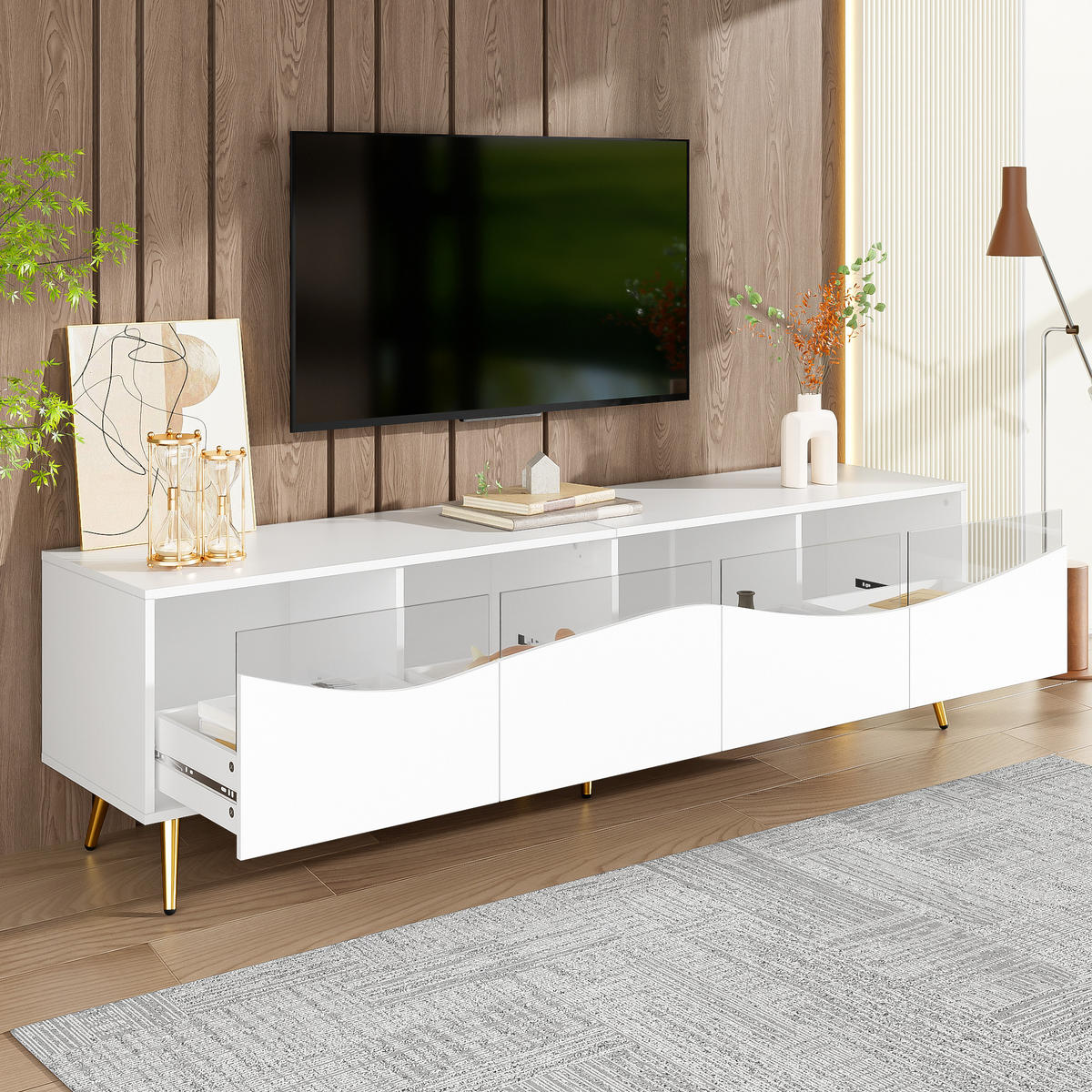 TV-SCHRANK 180/40/50 cm weiß MDF mit LED-Beleuchtung, Glasfront und goldenen Metallfüßen - Weiß, Holzwerkstoff (180/50/40cm) - OKWISH