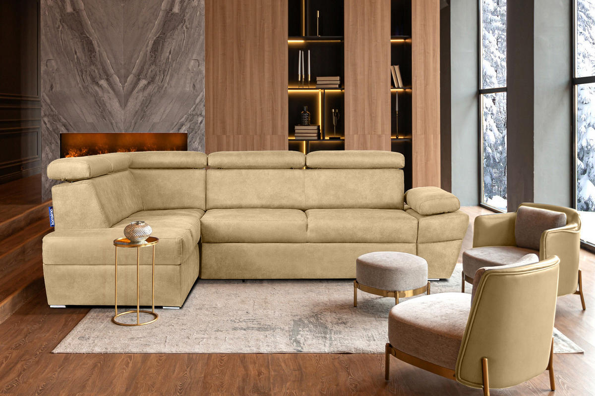 SCHLAFECKSOFA RATLO links 4/5-Sitzer mit Bettkasten in Lederoptik, ecrue - Ecru/Silberfarben, Textil (270/190cm) - KONSIMO®