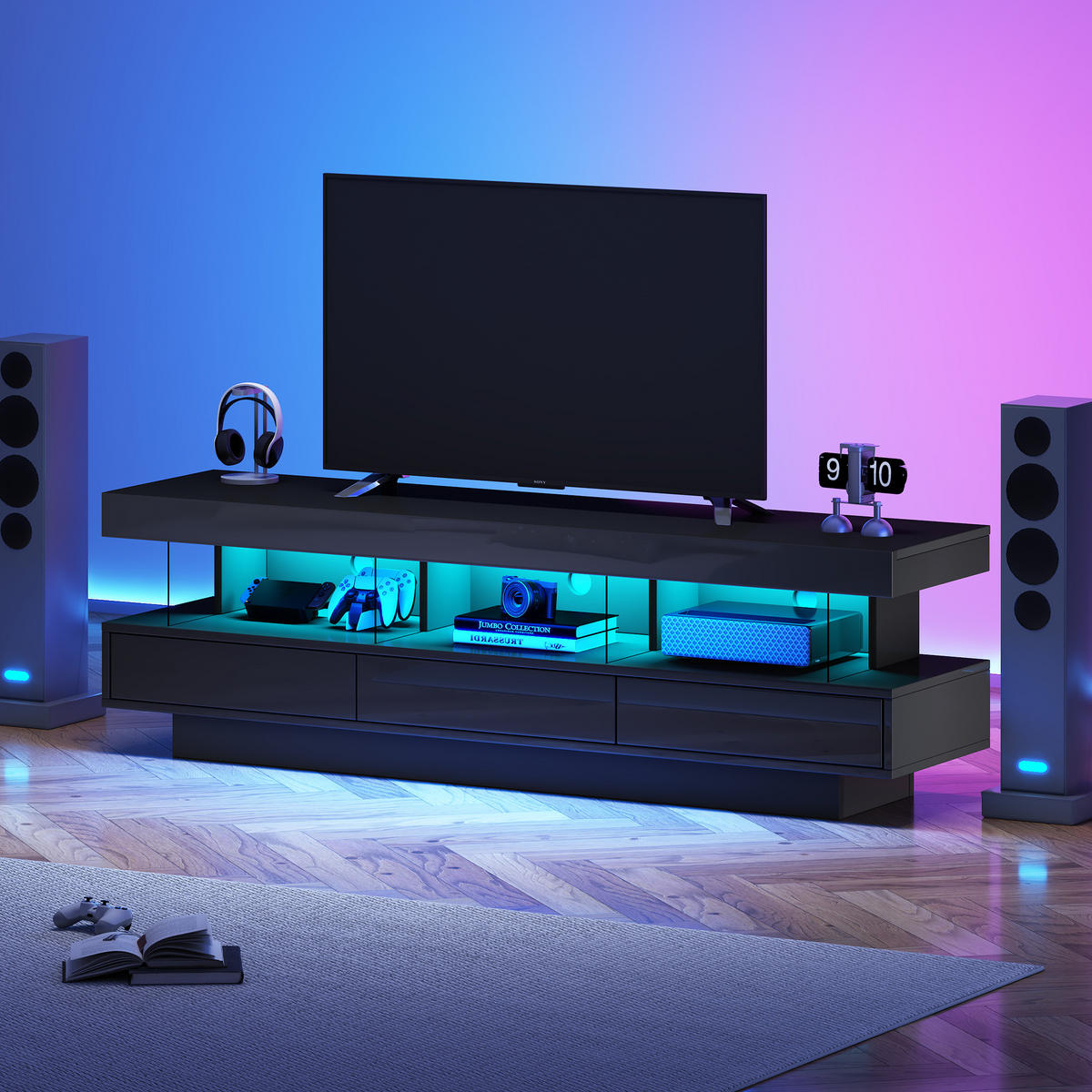 LOWBOARD TV-Ständer mit LED Bluetooth Steuerung und Musik Sync, Glasfächer Entertainment Möbel Schwarz - Schwarz, Holzwerkstoff (160/50.5/38cm) - EVRYAE