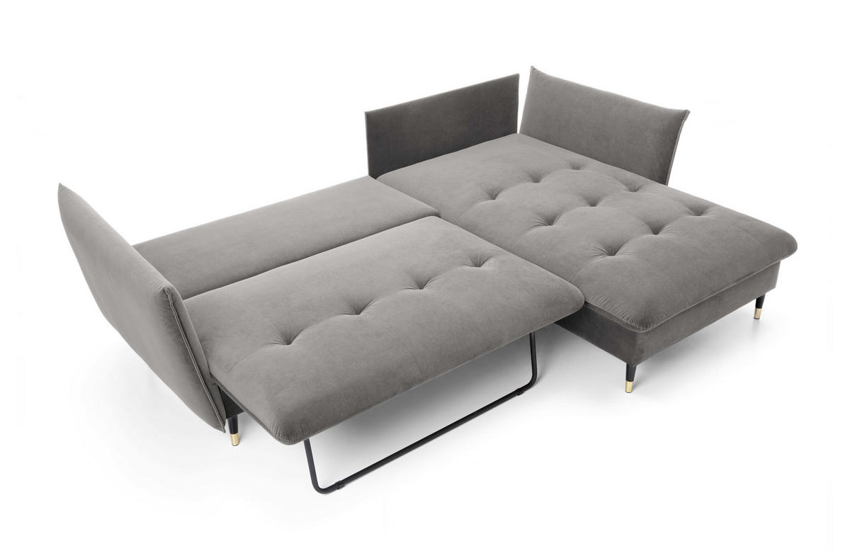 ECKSOFA GLAM mit Schlaffunktion, Ottomane & goldenen Füßen – Samtsofa im Glamour-Stil mit Zierkissen, 258x167x91 cm, rechte, grau​ - Grau, Holz/Textil (258/167cm) - DomoHome