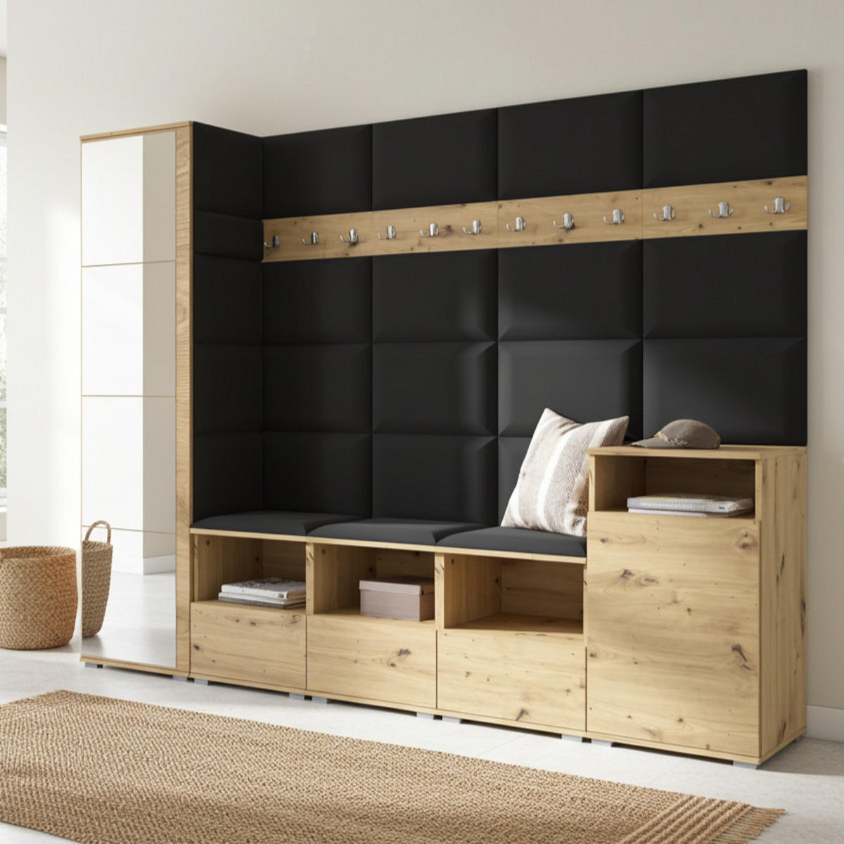 GARDEROBE NELA XI 250 cm (Modulare Flurmöbel Artisan Eiche mit Spiegel & Sitzpolster Schwarz 16 Großes Set) - Silberfarben/Schwarz, Holz/Holzwerkstoff (250/187/40cm) - Ravio
