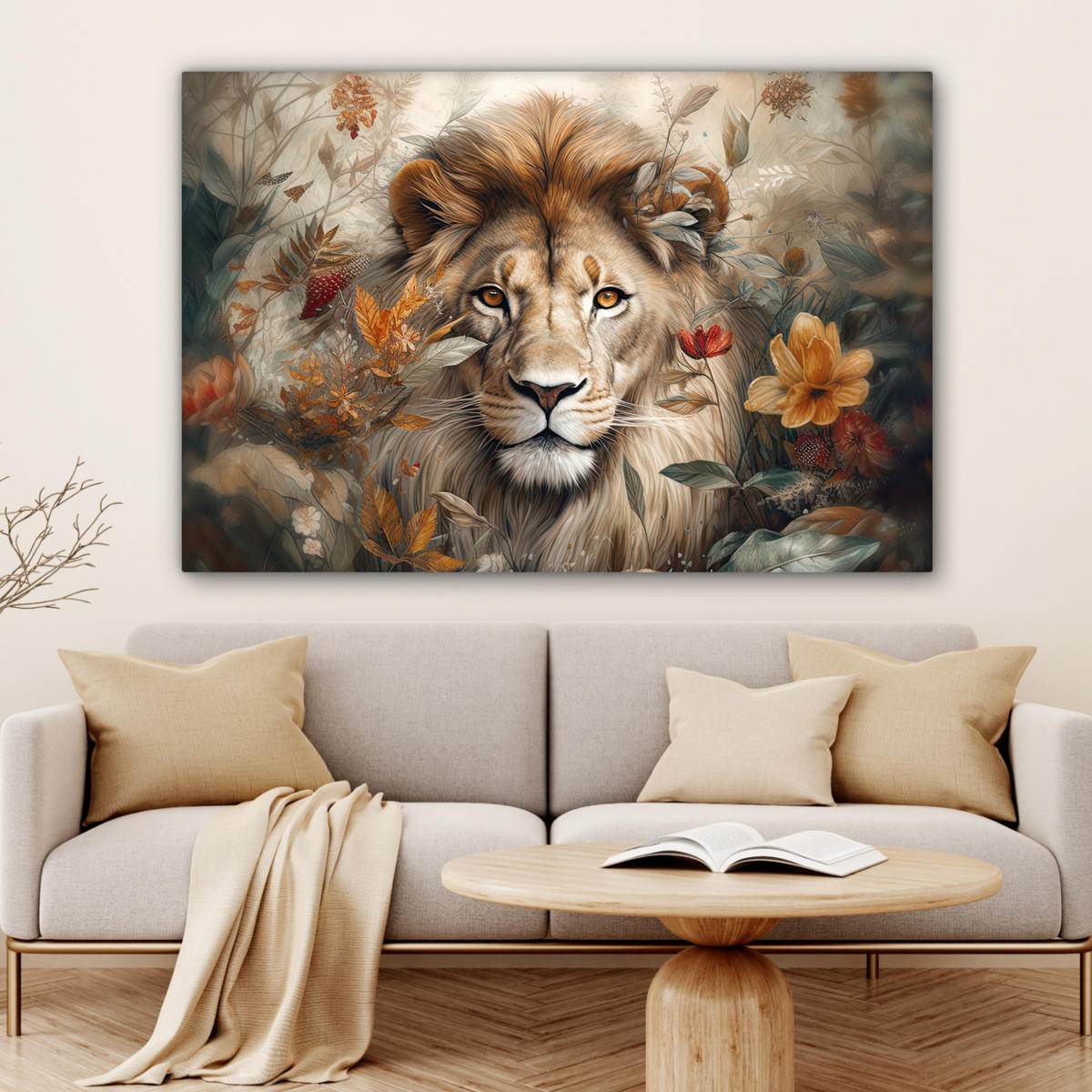 LEINWANDBILD Löwe - Wildtiere - Pflanzen - Natur - Blumen Wohnzimmer Groß 120x80 cm - Beige, Textil (120/80cm) - MuchoWow
