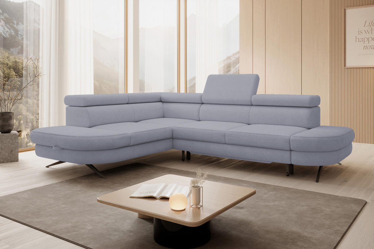 ECKSOFA OTIS L-förm, Schlaffunktion, verstellbare Kopfstützen, in AURORA-Stoff, lose Rückenkissen, freistehend, LINKS 218x276x97 cm Light Grey - Hellgrau, Holz/Textil (218/276cm) - DomoHome