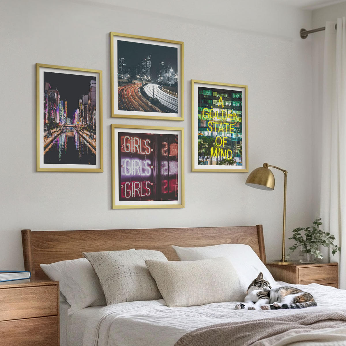 WANDBILDER 4er Set - 50x50 cm & 40x60 cm Goldrahmen - Neonreklamen in der Stadt bei Nacht - Goldfarben, Kunststoff (50/50cm) - ArtPrintCave