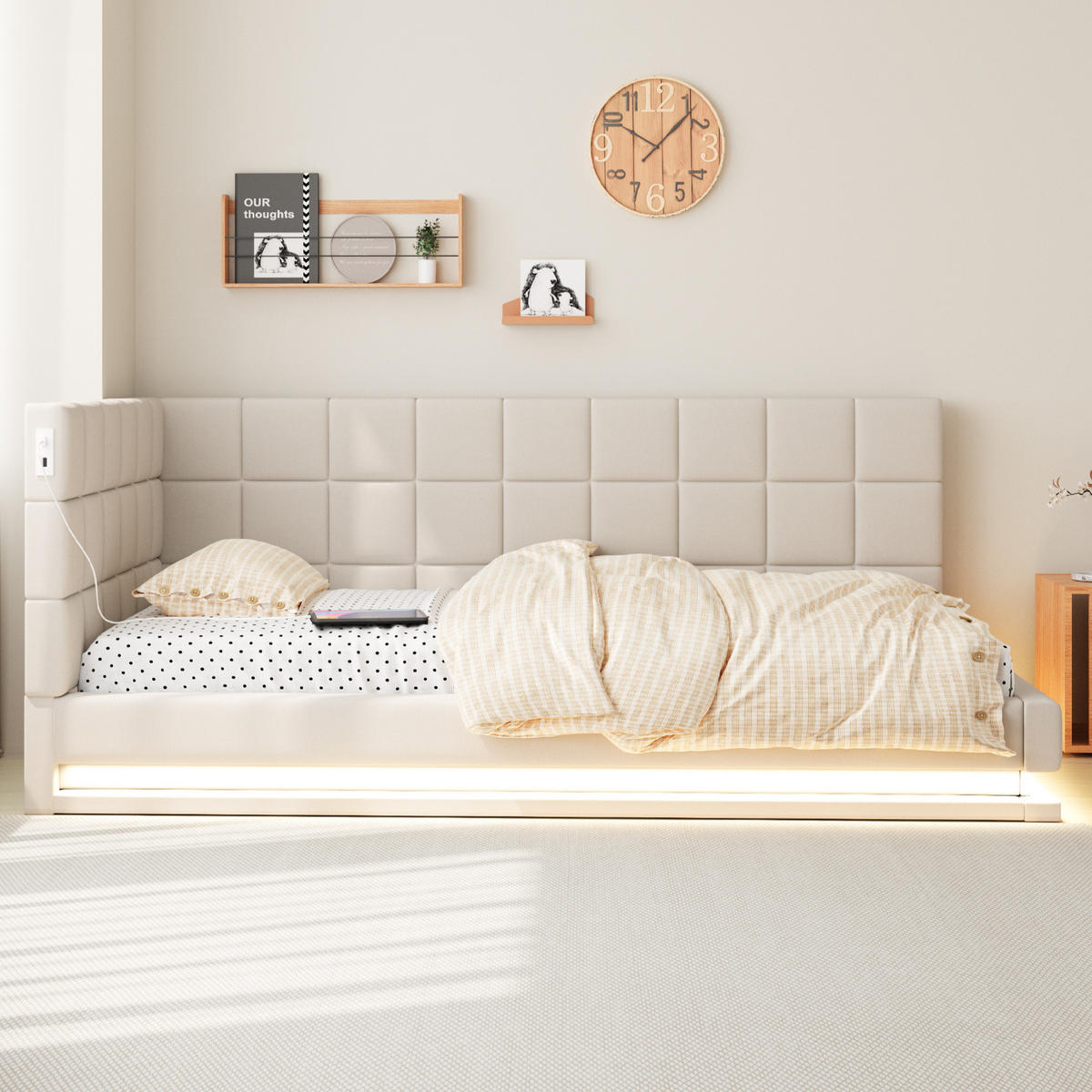 ČALÚNENÁ posteľ 90/200 cm s LED osvetlením, USB portom a lamelovým roštom, Béžová - béžová, textil (90/200cm) - Redom