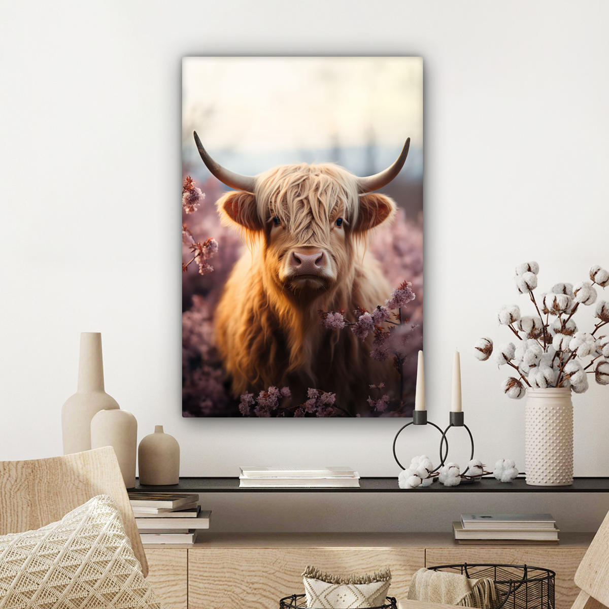 LEINWANDBILD - Schottischer Hochländer - Frühling - Hochland - 60x90 - Kunstdruck - Hellrosa, Textil (60/90cm) - MuchoWow