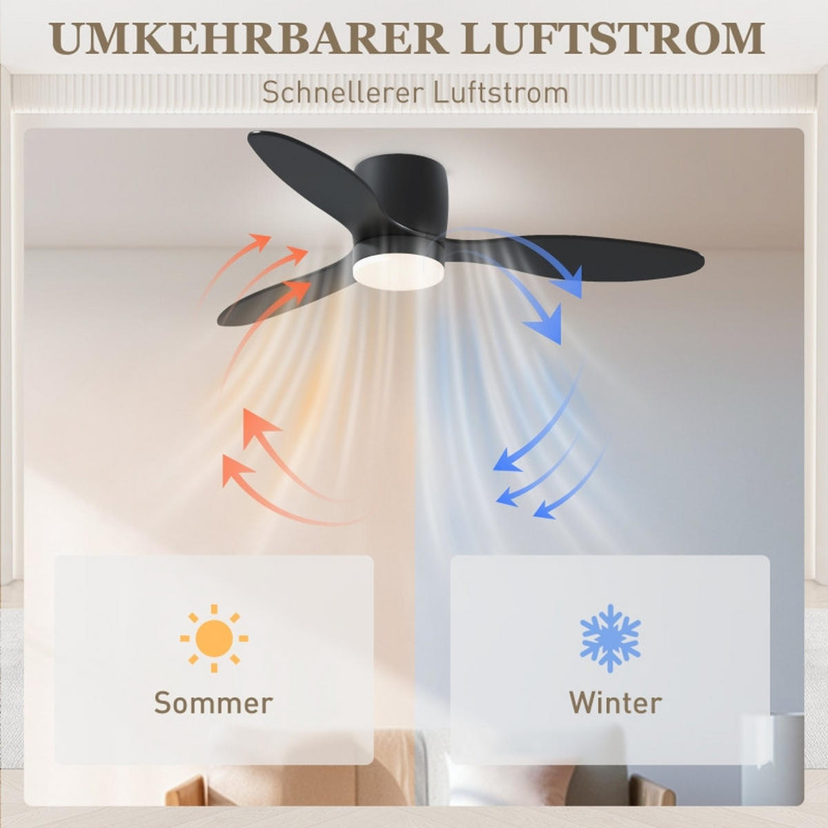 DECKENVENTILATOR 115cm LED Licht DC Motor 3 Flügel Timer - Schwarz, Kunststoff (115/115/20cm) - CASIVA