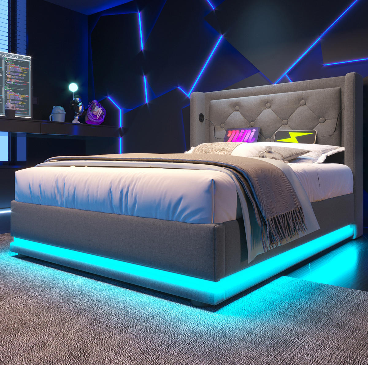 BETT mit Stauraum 90x200 cm Baumwolle Grau mit USB und LED - Grau, Metall (90/200cm) - Meubliv