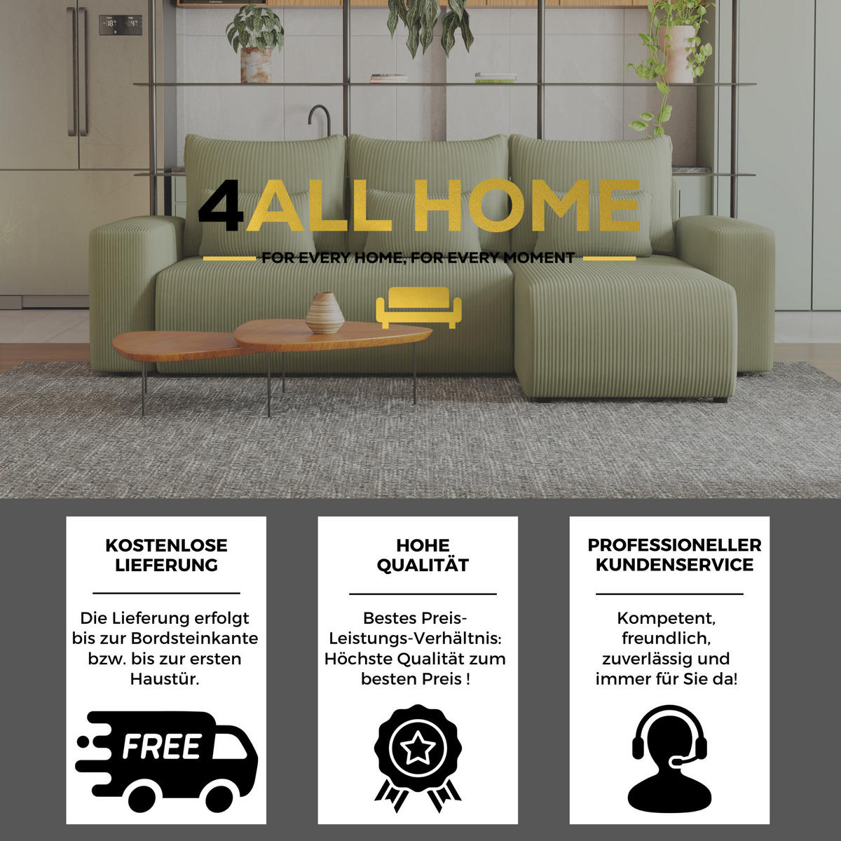 ECKSOFA Travis mit Bettkasten und Schlaffunktion, L-Form, Cord, Universal - Salbeigrün, Holzwerkstoff (248/148cm) - 4ALL HOME