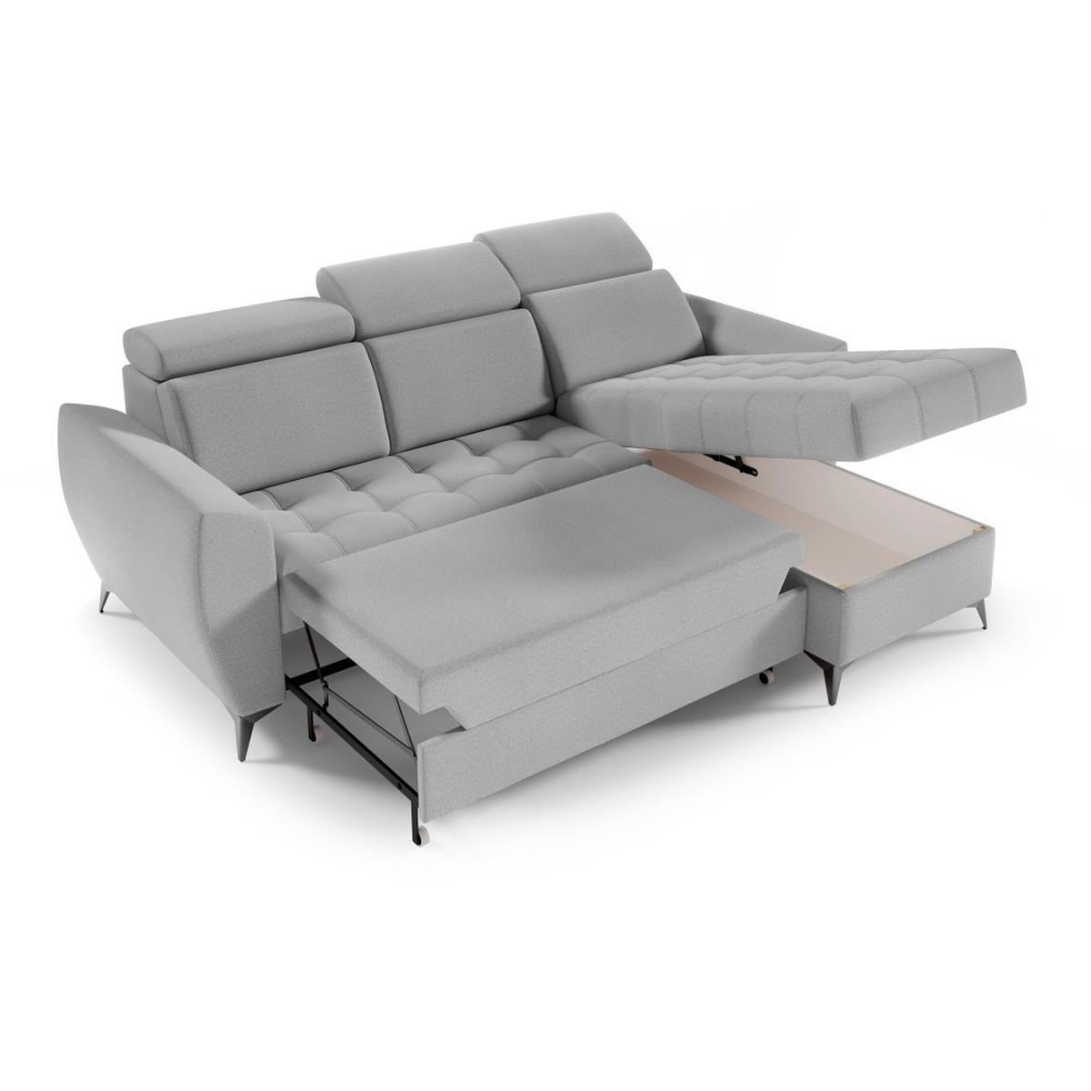 ECKSCHLAFSOFA Aurora I verstellbare Kopfstützen, Hellgrau - Hellgrau/Schwarz, Textil (235/176cm) - Beautysofa
