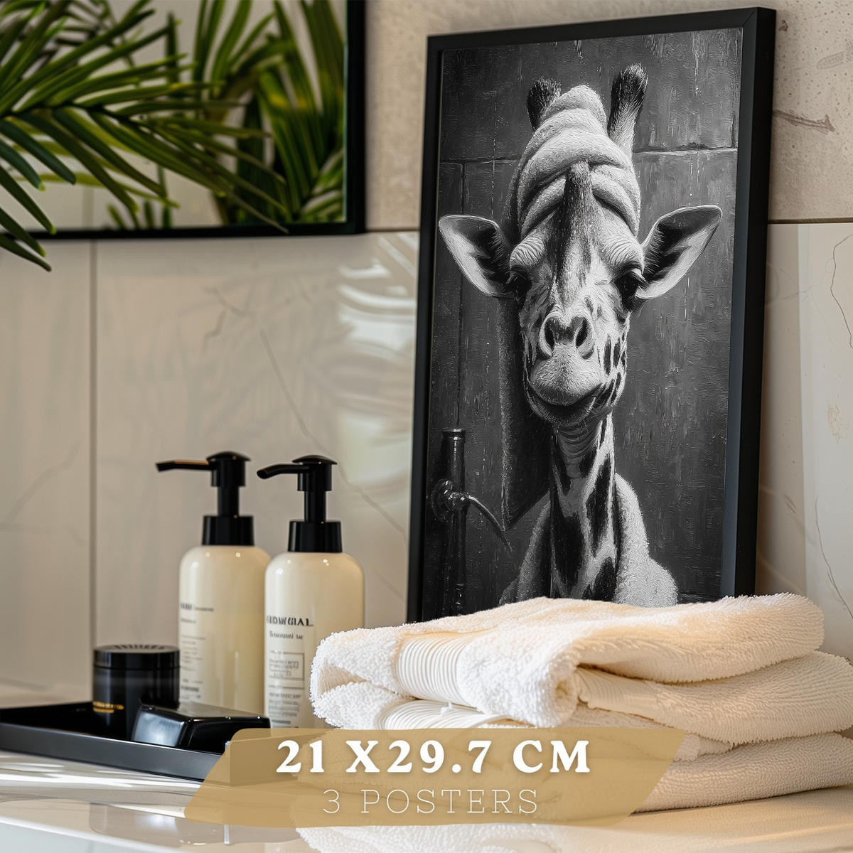 PLAKÁT Sada 3 vtipných černobílých tisků, PLAKÁT se zvířaty v koupelně, vtipná dekorace na toaletu, umyvadlo, moderní vintage styl Černý rám A4 - černá, papír (29.7/21/3cm) - Nacnic