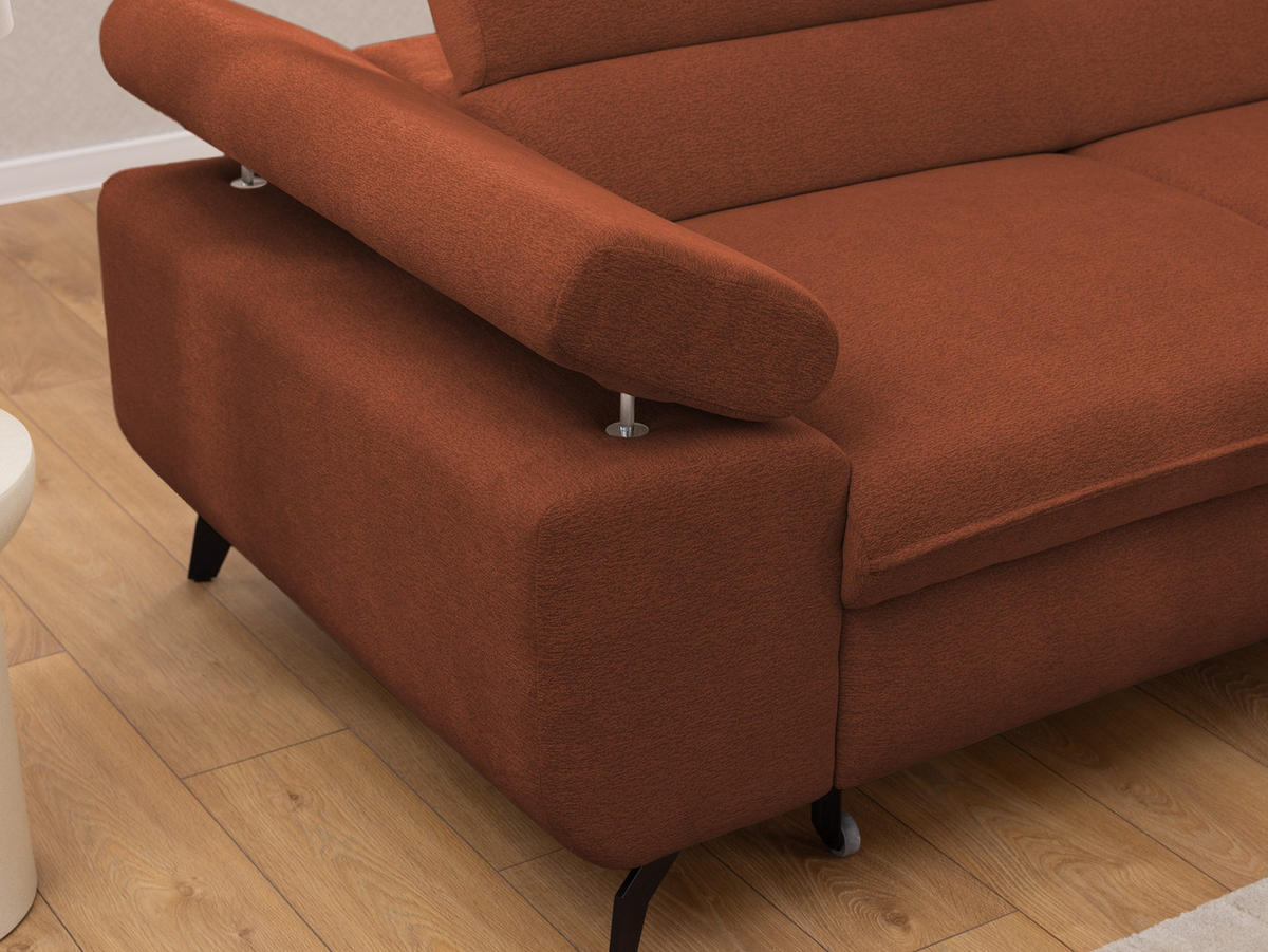 ECKSOFA mit Schlaffunktion und Bettkasten Bonnie aus Terrakotta Chenille-Stoff mit verstellbaren Kopfstützen und Armlehne - Ottomane rechts - Terracotta/Schwarz, Holz/Textil (275/210cm) - S-Style Möbel