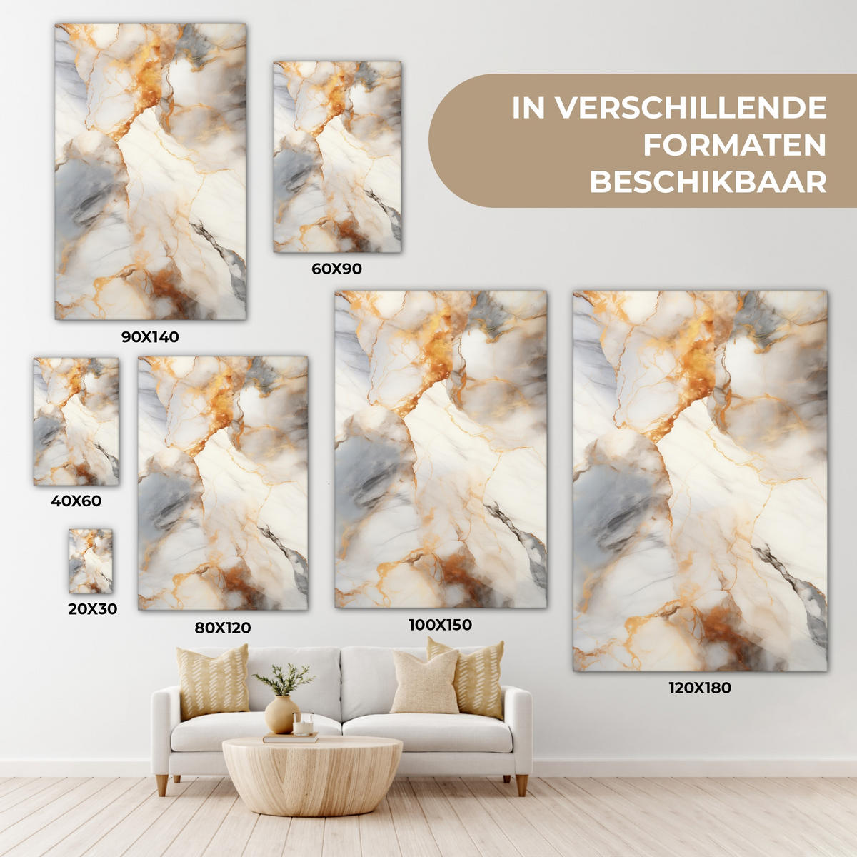 LEINWANDBILD Marmor - Grau - Gold Deko Groß 90x140 cm - Weiß, Textil (90/140cm) - MuchoWow