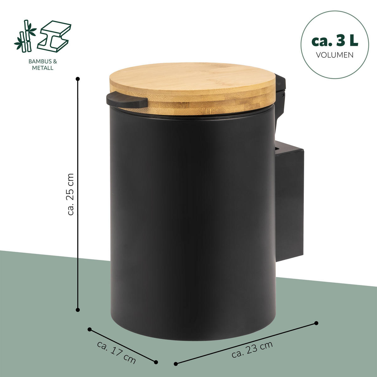 WAND-KOSMETIKEIMER 3 L, rund, schwarz - Schwarz, Metall (17/25/23cm) - bremermann