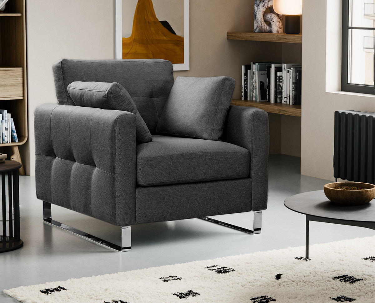 SESSEL grau Flachgewebe 93 x 94 cm, Clubsessel mit Steppoptik - Chromfarben/Grau, Holz/Textil (93/92/94cm) - Inn.Furn