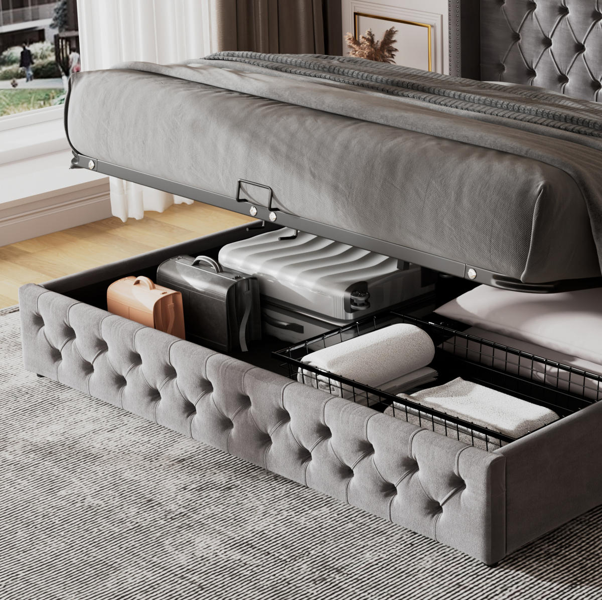 POLSTERBETT 180/200 cm Grau aus Samt mit Bettkasten - Grau, Textil (180/200cm) - OKMYHOME