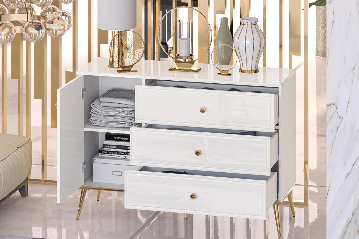 KOMMODE ISORIA auf hohen goldenen Beinen, Glas Weiß - Goldfarben/Weiß, Holz/Metall (120/85/40cm) - KONSIMO®