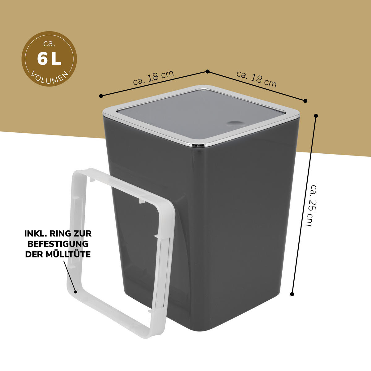 KOSMETIKEIMER SAVONA 6 Liter, grau, Kunststoff - Grau, Kunststoff (19/24.5/18cm) - bremermann