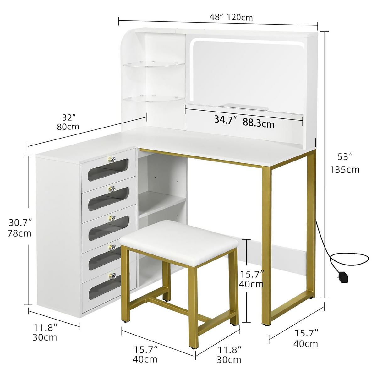 SCHMINKTISCH mit LED, 5 Schubladen, Spiegel, MDF, L-förmiger, 120x80x135 cm, Weiß - Weiß, Holz (120/135/80cm) - EuroLiving