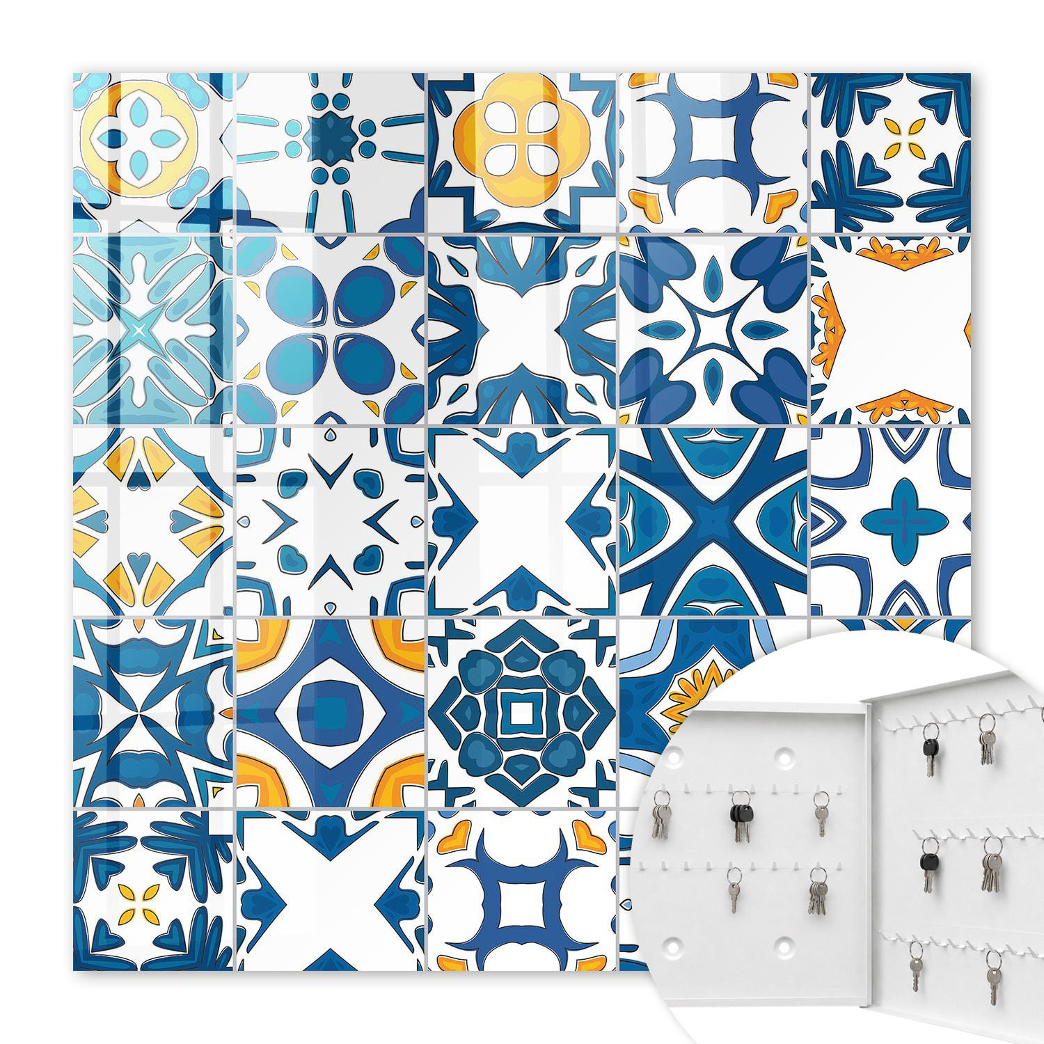 SCHLÜSSELBOX Weiß 30x30 cm – Türöffnung nach rechts - Geometrische Muster - Blau, Metall (30/30/5cm) - TULUP
