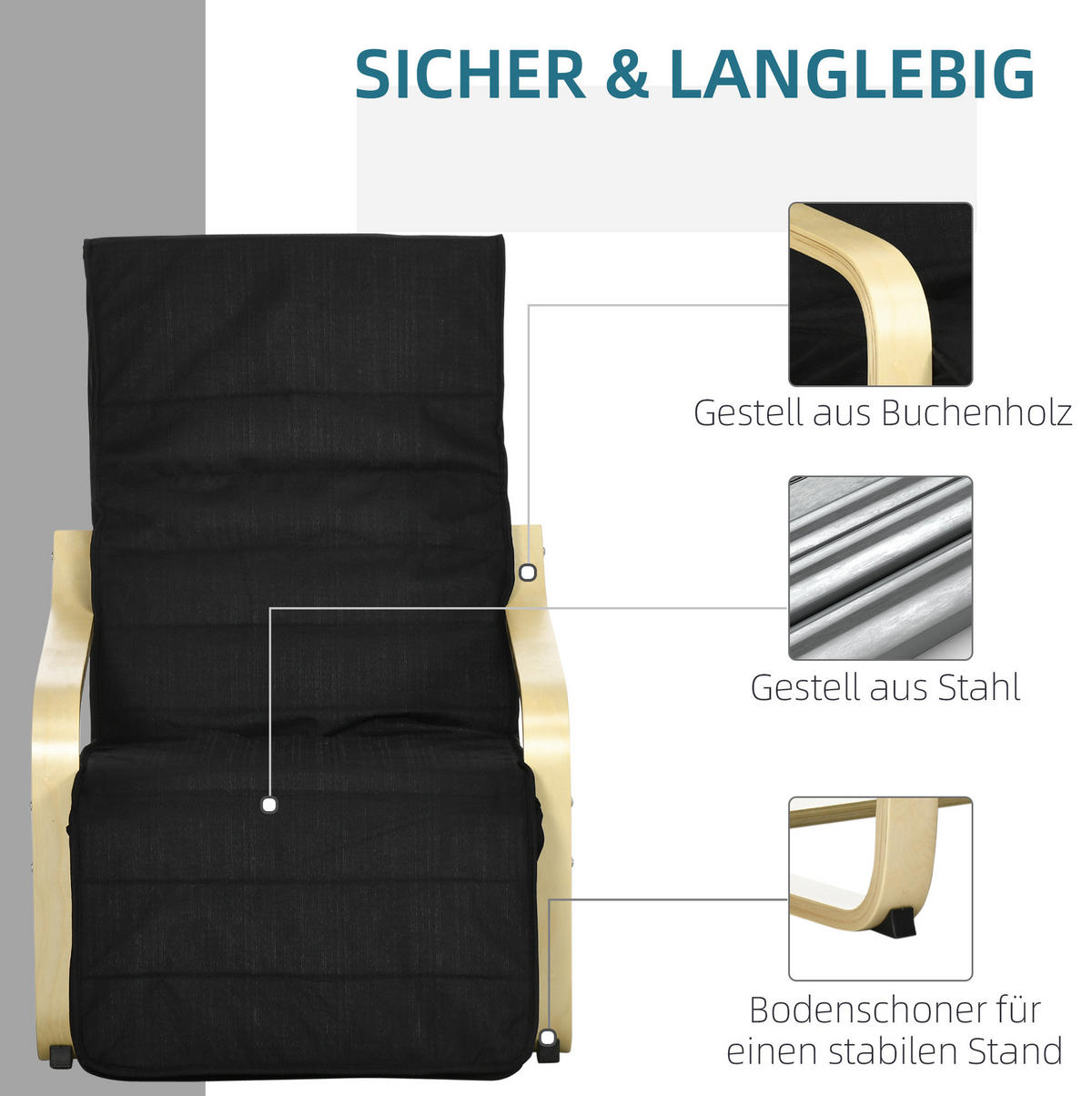 RELAXSESSEL in Schwarz 94x66,5x100 cm mit 5-fach verstellbarer Beinstütze - Schwarz, Textil (66.5/100/94cm) - IVMEU