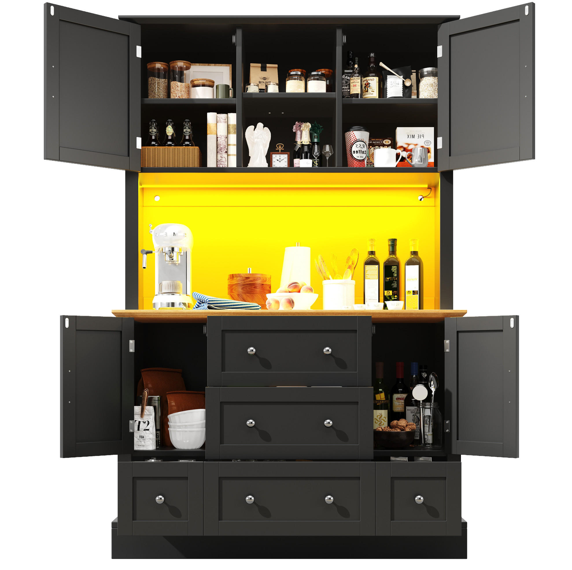 ANRICHTE 115/40/180 cm in Schwarz/Natur mit LED-Beleuchtung und 3 Schubladen - Schwarz, Holzwerkstoff (115/180/40cm) - Flora Grace