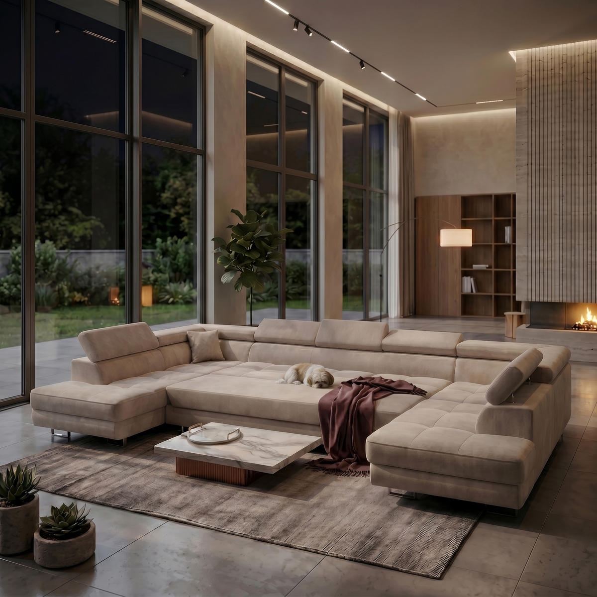 ECKSOFA U-Form WILD MAXI U2 mit Schlaffunktion 125x329 Velours Beige - Chromfarben/Beige, Holz/Textil (400/90/203cm) - Muffo