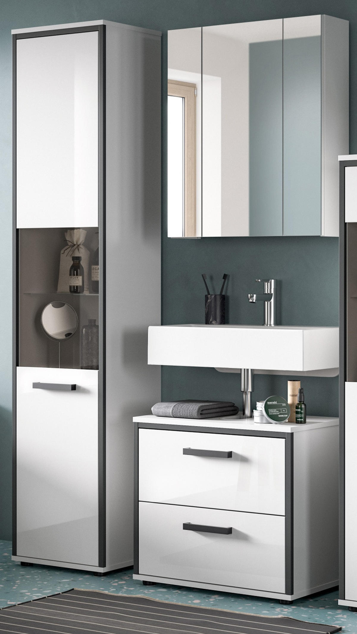 BADMÖBEL-SET 3-teilig weiß Hochglanz, grau 115 x 188 cm, Badkombination, modernes Design - Weiß Hochglanz/Schwarz, Glas/Holzwerkstoff (115/188/37.5cm) - Inn.Furn