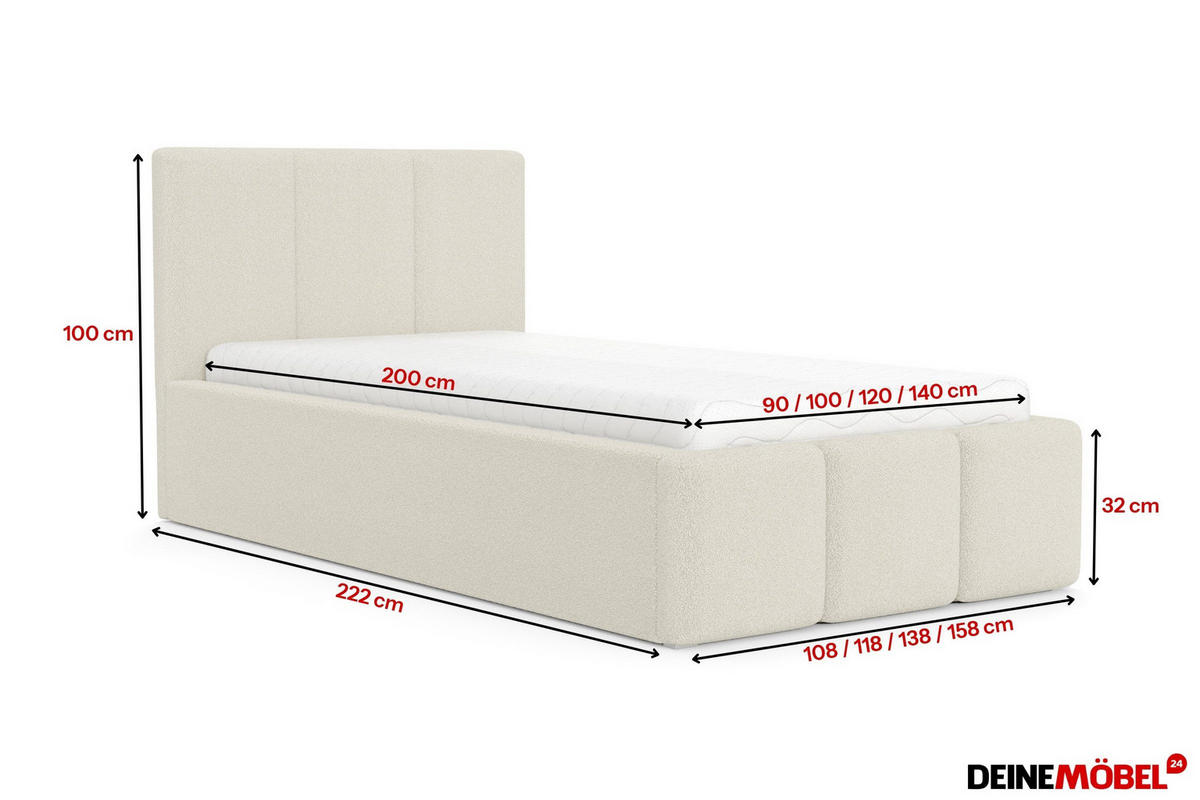 POLSTERBETT ROSSO 100/200 cm in Boucle Creme - Creme, Holz/Holzwerkstoff (100/200cm) - Deine Möbel 24