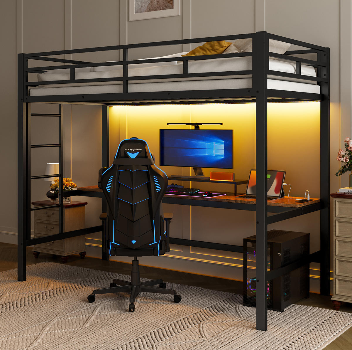 HOCHBETT 90/200 cm mit LED, USB und Tisch ohne Matratze - Schwarz, Metall (90/200cm) - MIVRAY