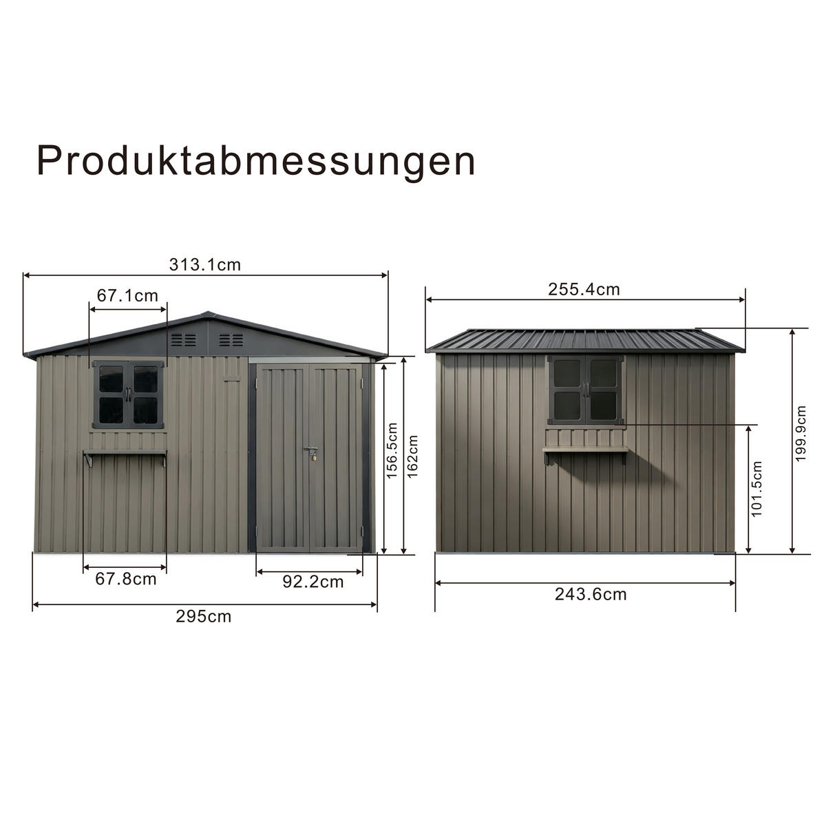 GERÄTEHAUS 313.1/255.4/199.9 cm Braun mit öffnbaren Fenstern, abschließbarer Tür und Blumenregal (7,19 m²) - Braun, Metall (255.4/199.9/313.1cm) - Oxeza
